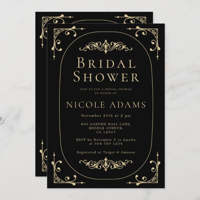 Convite Chá de panela Retroativo Dourado Deco de Arte Eleg (Frente/Verso)