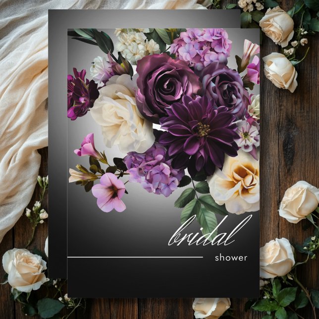 Convite Chá de panela Romance Floral Roxal da Meia-Noite E (Dark Midnight Purple Floral Romance Bridal Shower Invitation)