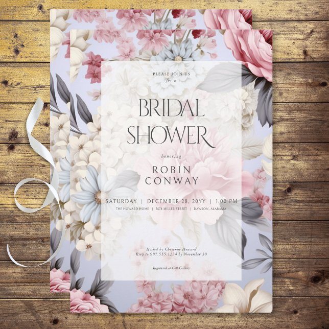 Convite Chá de panela Românico azul-rosa e branco-florante (Romantic Blue Pink & White Floral Bridal Shower Invitation)