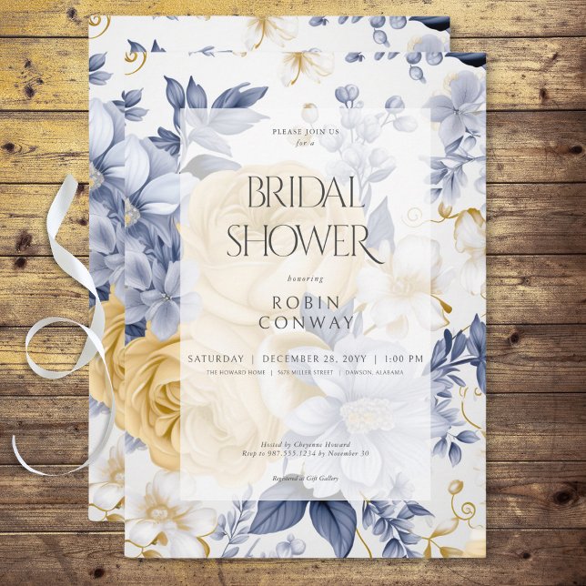 Convite Chá de panela Romântico Amarelo Azul e Branco Flor (Romantic Yellow Blue & White Floral Bridal Shower Invitation)