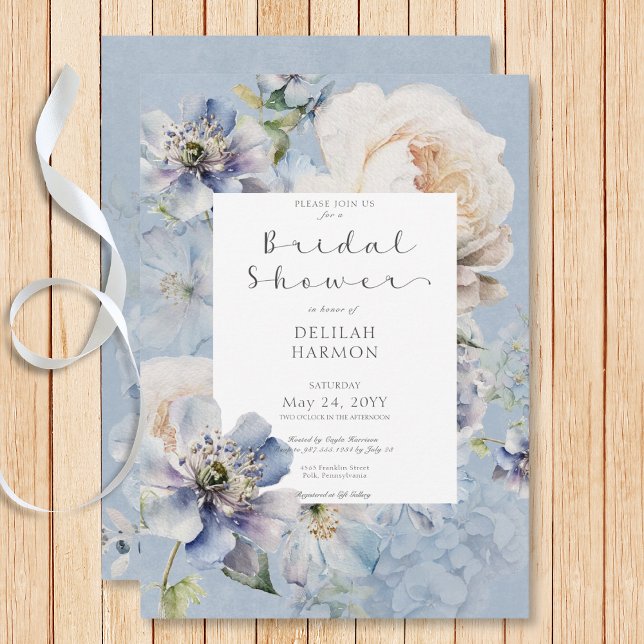 Convite Chá de panela Romântico Azul e Branco (Rustic Romantic Blue & White Floral Bridal Shower Invitation)