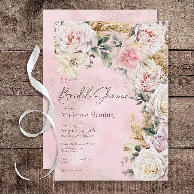 Convite Chá de panela Romântico Boho Rosa Rosas e Pampas (Romantic Boho Pink Roses & Pampas Bridal Shower Invitation)