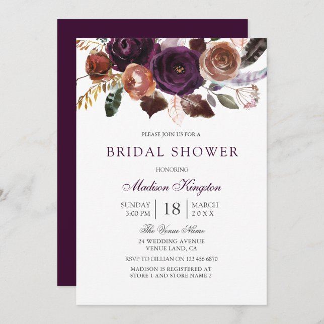 Convite Chá de panela Romântico Burgundy Roxo Plum Floral (Frente/Verso)