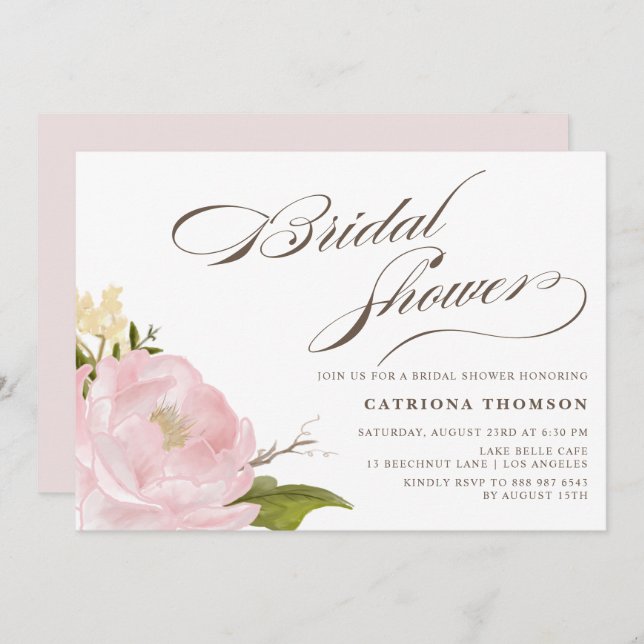 Convite Chá de panela Romântico da Flor de Peônias (Frente/Verso)