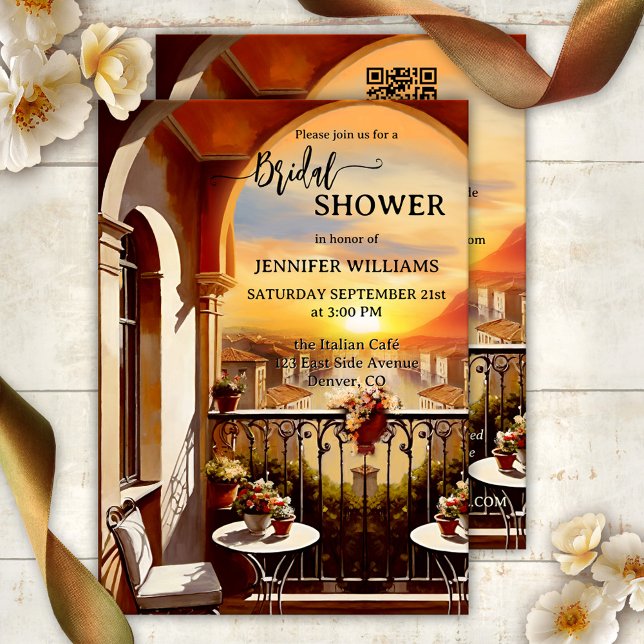 Convite Chá de panela Romântico de Arte Italiano (Bridal shower invitation featuring a painting of an Italian balcony with a view of a sunset - QR)