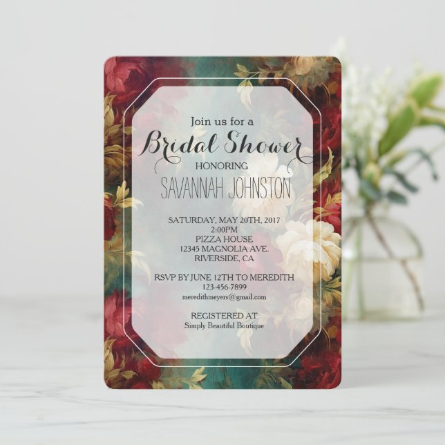 Convite Chá de panela Romântico de Flores Brancas Vermelha (Em pé/Frente)