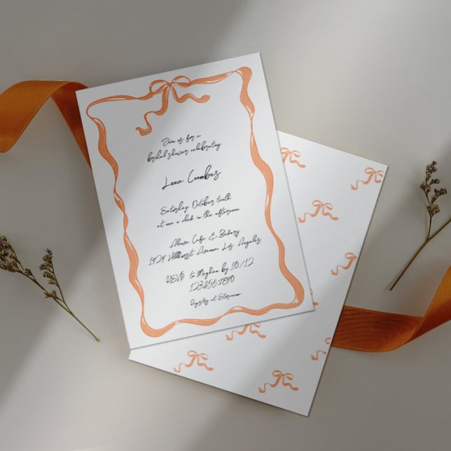 Convite Chá de panela Romântico de Quadro de Arco de Fita  (Bridal shower invite with ribbon bow border on an orange ribbon and plain background. )