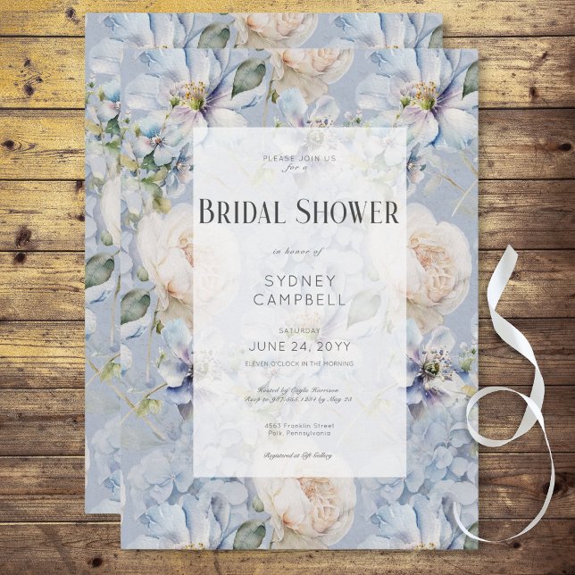 Convite Chá de panela Romântico Floral Azul e Branco (Blue & White Floral Rustic Romantic Bridal Shower Invitation)
