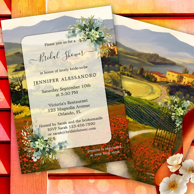 Convite Chá de panela Romântico italiano (Original bridal shower invitation featuring a fine art painting of an Italian landscape scene)
