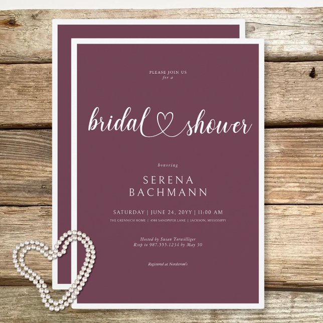 Convite Chá de panela Romântico Mínimo Moderno da Borgonha (Modern Romantic Minimal Burgundy Bridal Shower Invitation)