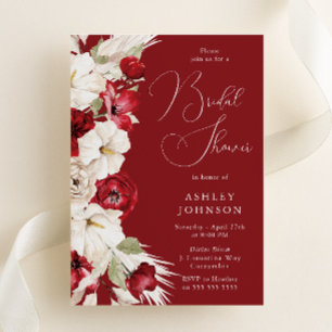 Convite Chá de panela Romântico Vermelho e Branco Floral