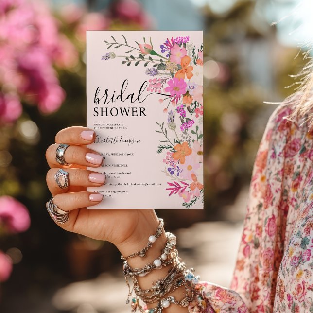 Convite Chá de panela romeno de flores silvestres rosa-do- (Romantic boho pink wildflower garden bridal shower invitation)