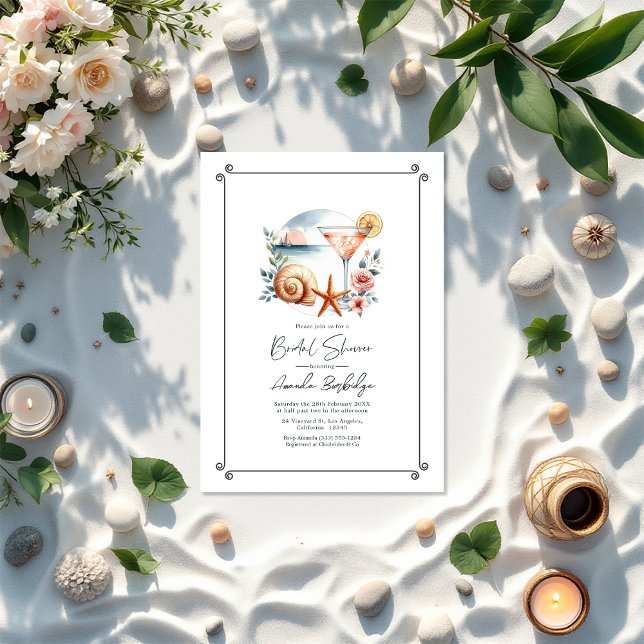 Convite Chá de panela Rosa Cinza Chave Costeira (Coastal Chic Blush Pink Bridal Shower Invitation)