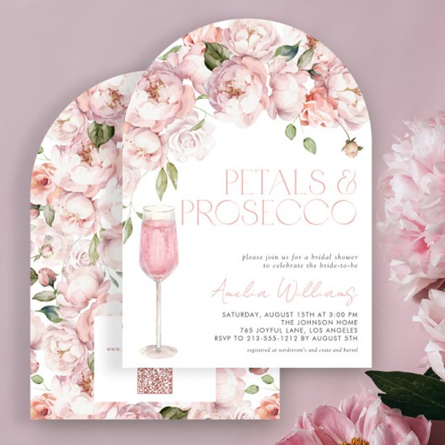 Convite Chá de panela rosa de código QR Petals & Prosecco (Criador carregado)