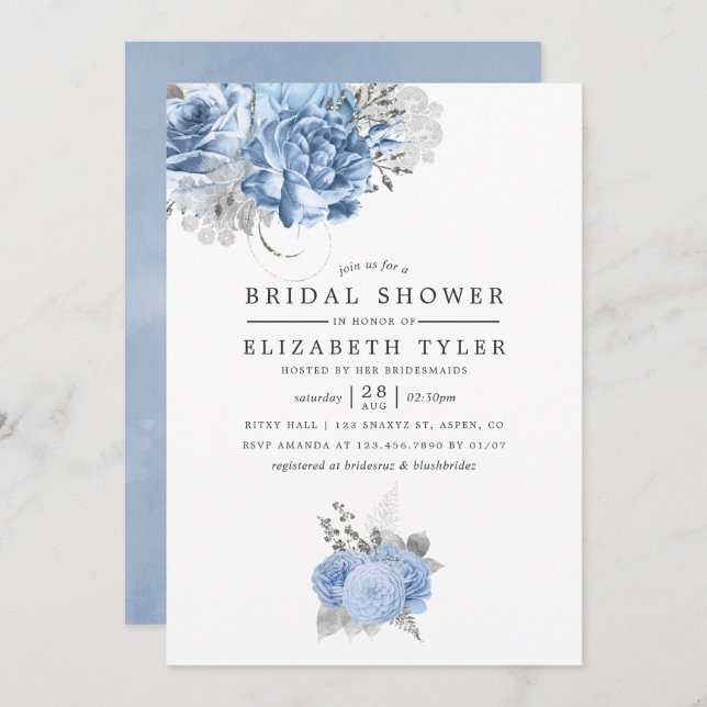 Convite Chá de panela Rosa de folha azul e Dourada (Frente/Verso)