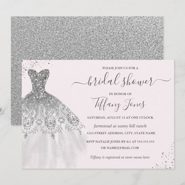 Convite Chá de panela Rosa De Vestido De Silver Glitter (Frente/Verso)