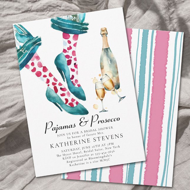 Convite Chá de panela rosa do Partido da Lingerie Pajamas  (pajamas and prosecco high heels pj party bridal shower invitation watercolor hot pink teal polka dot)