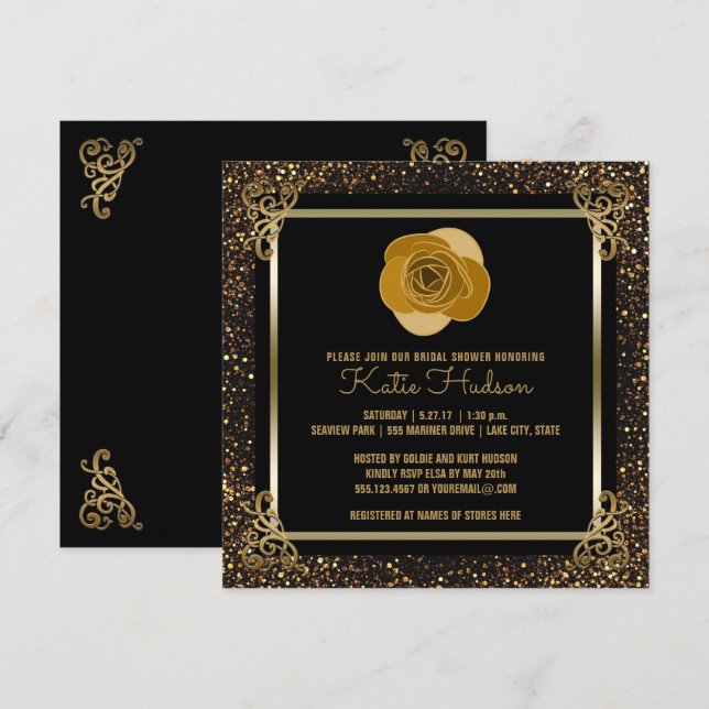 Convite Chá de panela Rosa Dourado | Glitter Dourado Elega (Frente/Verso)