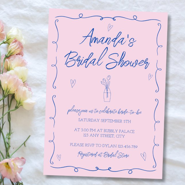 Convite Chá de panela rosa e azul ilustrado desenhado à mã (Hand Drawn Illustrated Pink & Blue Bridal Shower Invitation)
