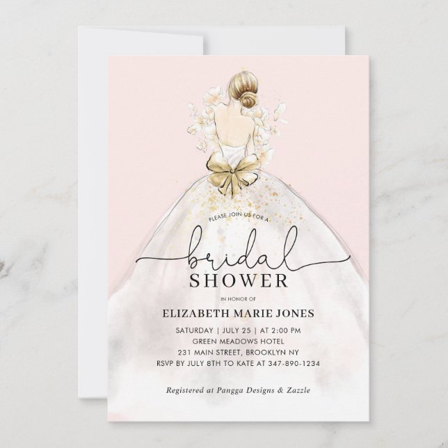 Convite Chá de panela Rosa Floral de Vestido de Noiva (Frente)