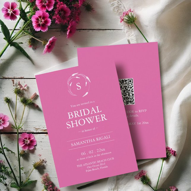 Convite Chá de panela rosa Fuchsia com código QR (Bridal shower invitations vibrant pink custom monogram. )