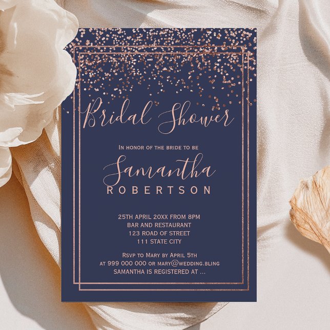 Convite chá de panela rosa gold confetti marinho Blue Bord (Rose gold confetti navy blue border bridal shower invitation)