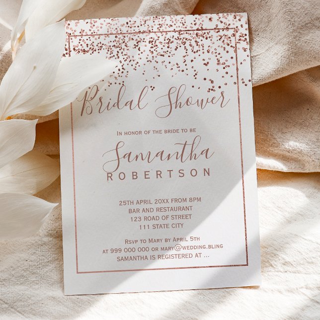 Convite chá de panela rosa gold confetti white script (Criador carregado)