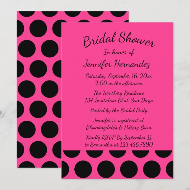Convite Chá de panela rosa-quente magenta Bolinhas pretas (Frente/Verso)