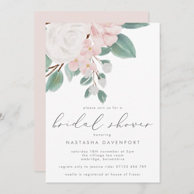 Convite Chá de panela Rosa Rosa Elegante (Frente/Verso)