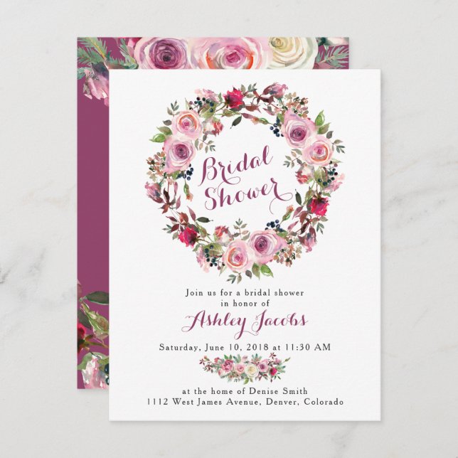 Convite Chá de panela rosa rosa púrpura (Frente/Verso)