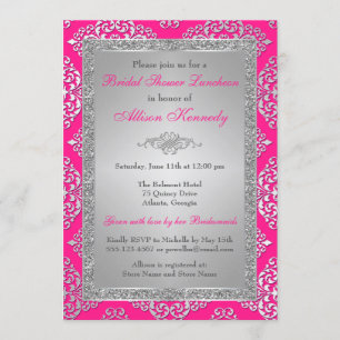 Convite Chá de panela Rosa, Silver Glitter Damask Convida