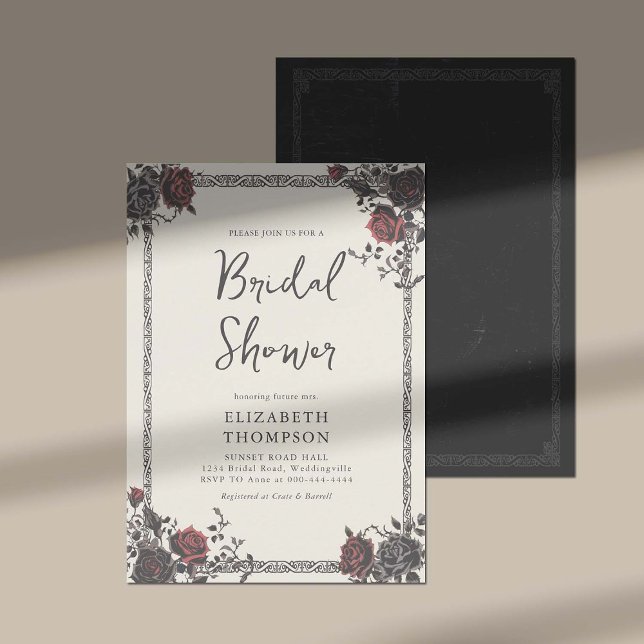 Convite Chá de panela Rosa Vermelho Gótico Escuro Preto (dark and moody bridal shower ideas gothic frame vintage roses black red elegant classy stylish)