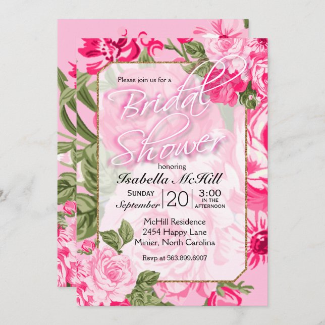 Convite Chá de panela - Rosas Florais Bonito Rosa (Frente/Verso)