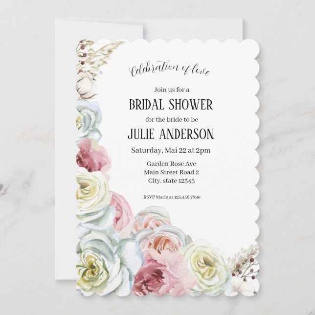 Convite Chá de panela rosas pálidos de Aquarela (Frente)