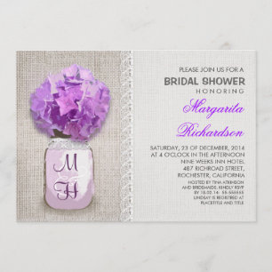 Convite Chá de panela Roxo Burlap Mason Jar Roxo