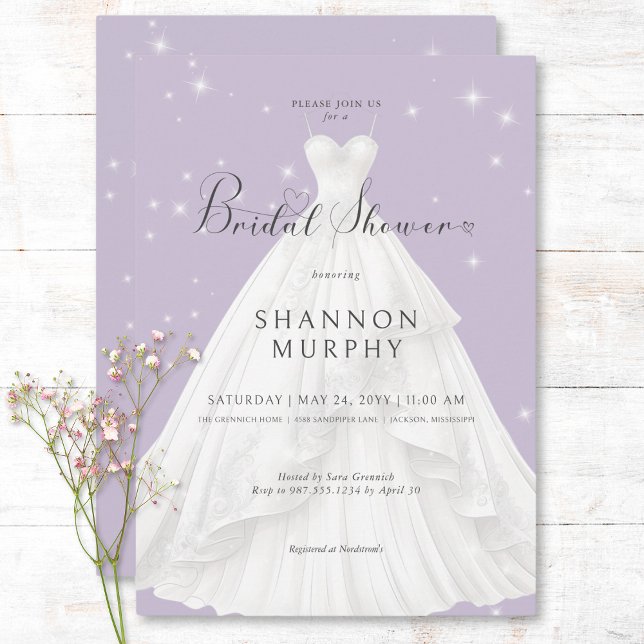 Convite Chá de panela Roxo de Casamento Moderno (Modern Wedding Dress Purple Sparkle Bridal Shower Invitation)