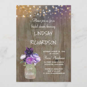 Convite Chá de panela Roxo Floral Mason Jar Rustic Barn