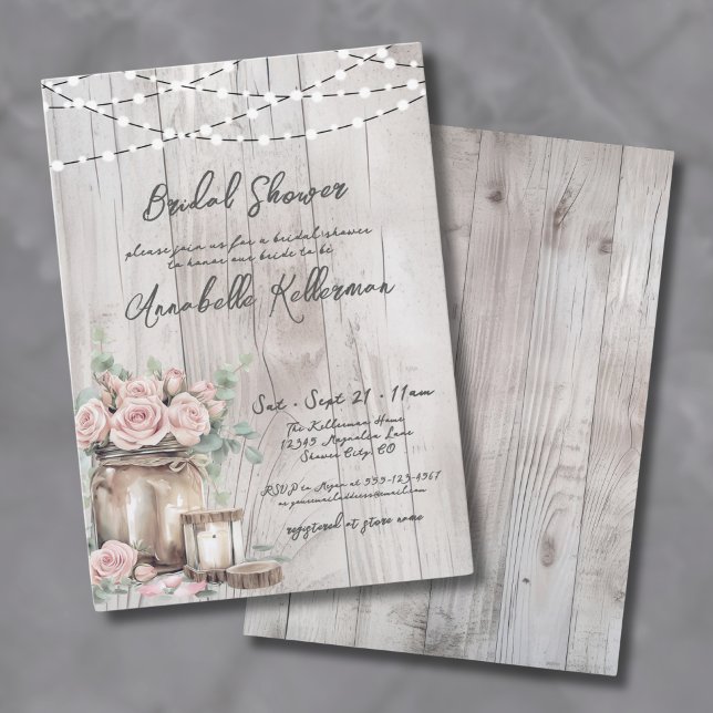 Convite Chá de panela Russo De Cordas De Madeira Luzes De  (Rustic Wood String Lights Country Bridal Shower Invitation )