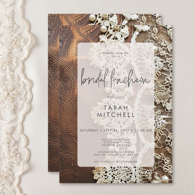 Convite Chá de panela Russo de Couro e Lace Bridal (Rustic Leather & Bridal Lace Bridal Shower Invitation)