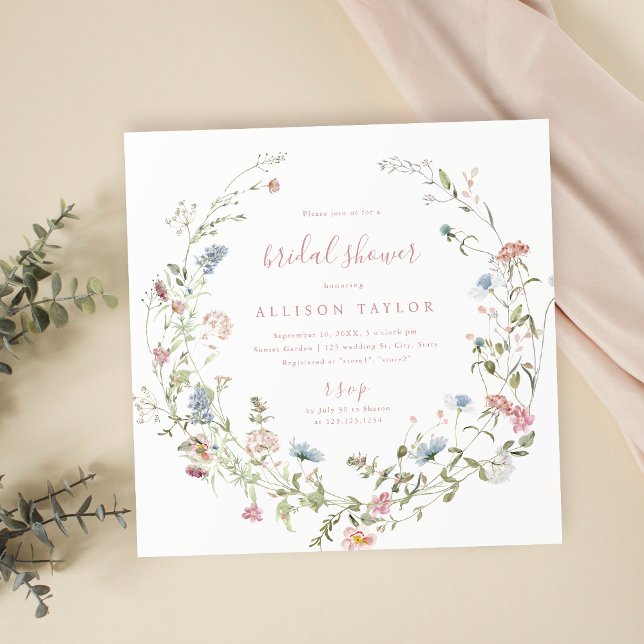 Convite Chá de panela Russo de Flor Selvagem Rosa Elegante (Elegant Pink Wildflower Rustic Boho Bridal Shower Invitation)
