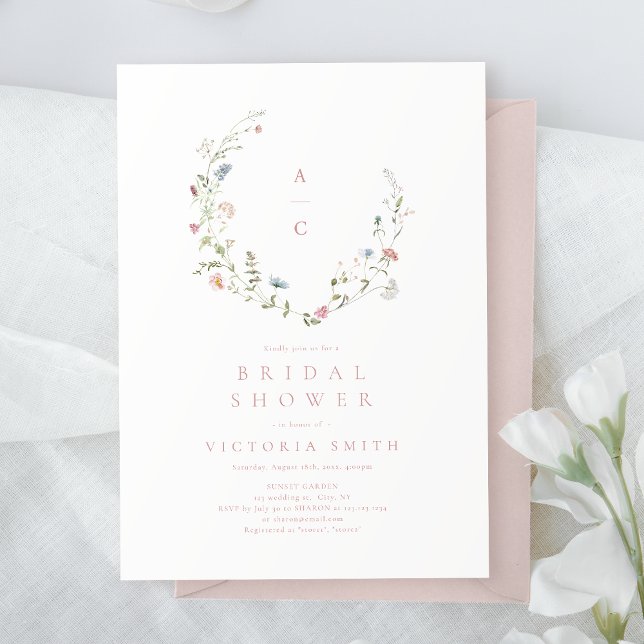Convite Chá de panela Russo de Flor Selvagem Rosa Elegante (Elegant Pink Wildflower Rustic Boho Bridal Shower Invitation)