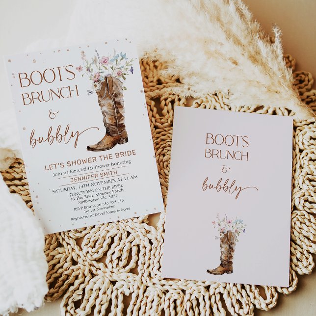 Convite Chá de panela Russo de Flores Selvagens Brown Boot (Boots Brunch Bubbly Bridal Shower Invitation, Rustic, Wildflowers Boot Bridal Shower Invite, Country)