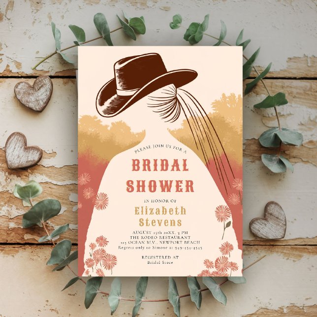 Convite Chá de panela Russo de Flores Selvagens da Prairie (western bridal shower invitation prairie wildflowers cowgirl cowboy hat pink green modern)