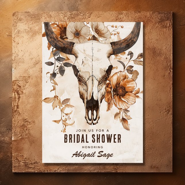 Convite Chá de panela Russo de Vaca Crânio Floral Oeste Bo (Front - Rustic Cow Skull Floral Western Boho Bridal Shower Invitation)