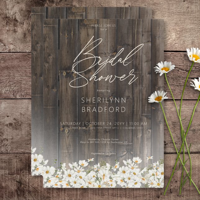 Convite Chá de panela Rustic Barnwood & Daisies (Rustic Barnwood & Daisies Bridal Shower Invitation)