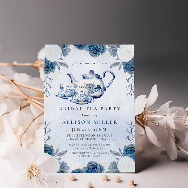 Convite Chá de panela Rustic Blue Chinoiserie Tea Party (Rustic Blue Chinoiserie Tea Party Bridal Shower Invitation)