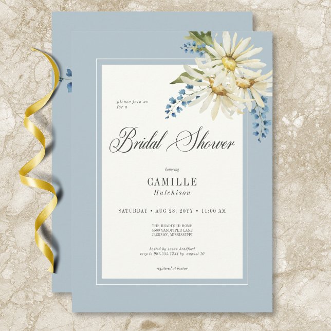 Convite Chá de panela Rustic Blue & White Daisies (Rustic Blue & White Daisies Bridal Shower Invitation)