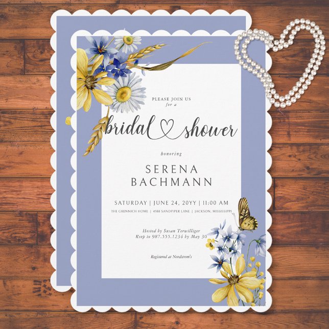 Convite Chá de panela Rustic Blue & Yellow Wilflower (Rustic Blue & Yellow Wildflowers Bridal Shower Invitation)