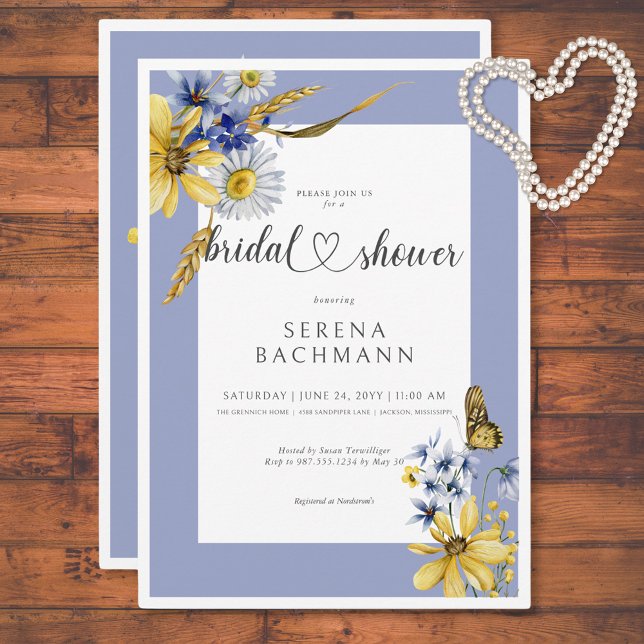 Convite Chá de panela Rustic Blue & Yellow Wilflower (Rustic Blue & Yellow Wildflowers Bridal Shower Invitation)