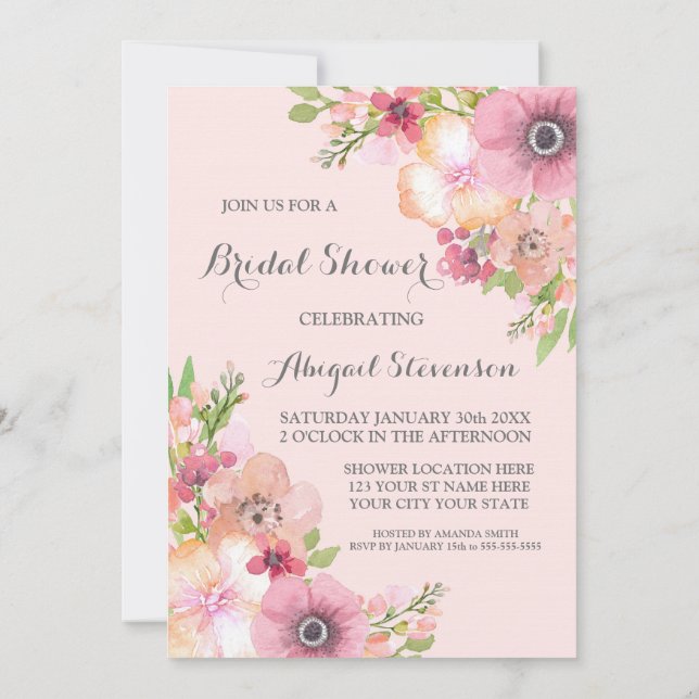 Convite Chá de panela Rustic Blush Pink Flowers Invite (Verso)